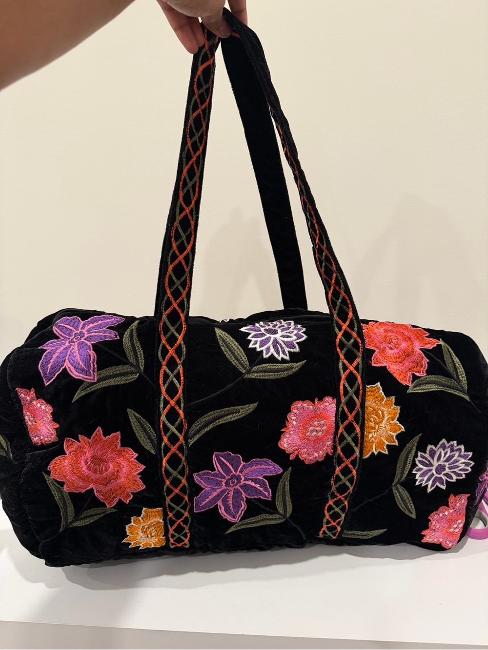 Zara Black Velvet Duffel with Pink Purple Orange Floral Embroidery